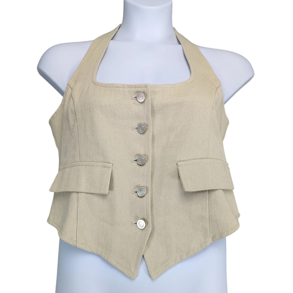 NWT Windsor Best In Style Halter Top Button Up Vest Women's XL Beige Denim Indie